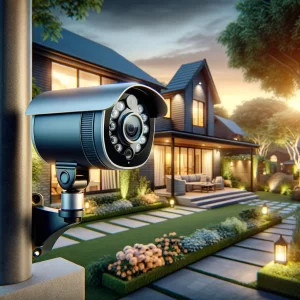 Security Cameras Guide - A modern, high-definition security camera mounted on a home's exterior, capturing clear footage day and night.